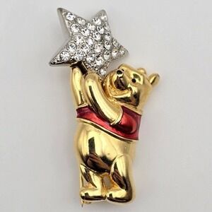 Disney Winnie the Pooh Bear Brooch Gold Tone Rhinestone Star Pin Nostalgia Cute